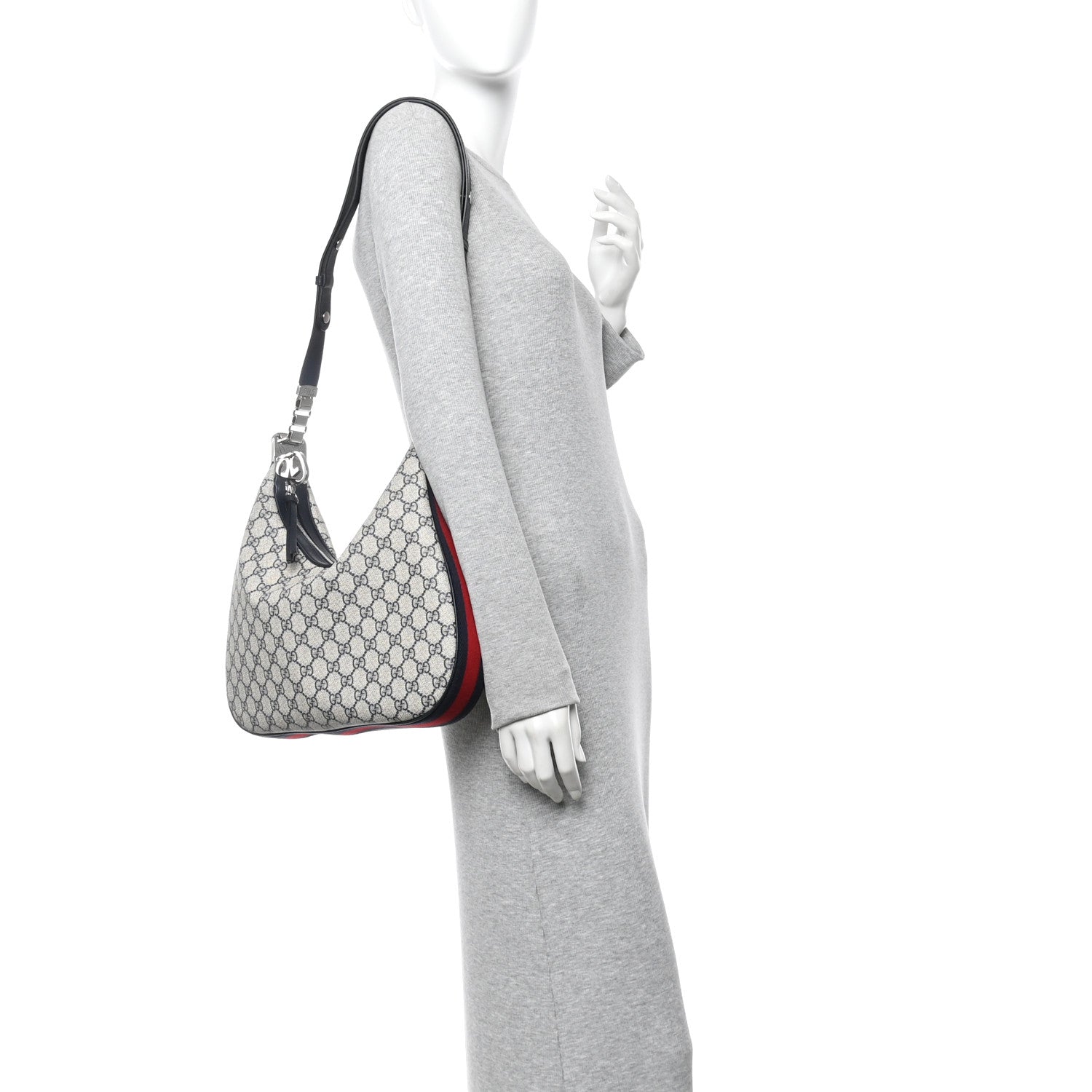 GG Supreme Monogram Textured Calfskin Web Large Attache Shoulder Bag Beige Blue