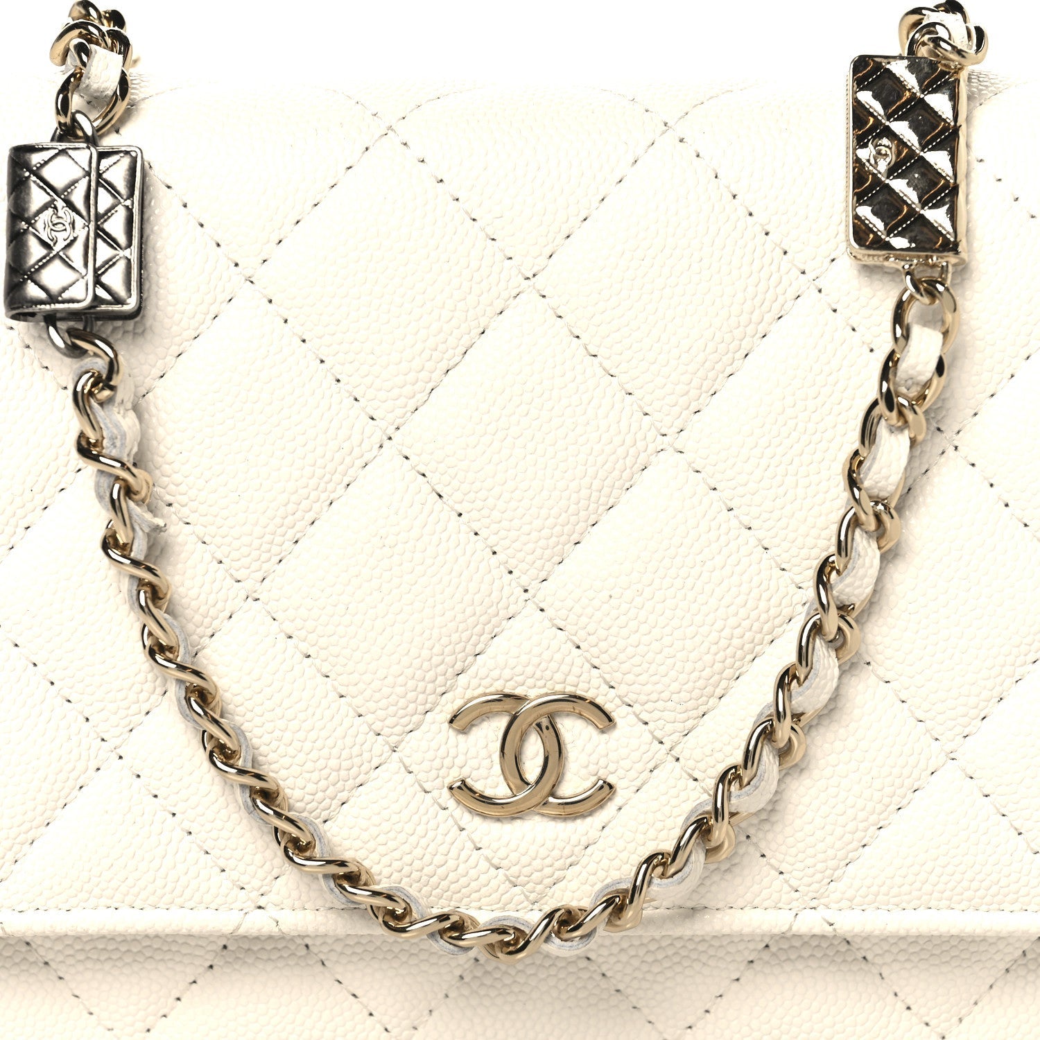 Shiny Caviar Quilted Flap Charm Wallet On Chain WOC White