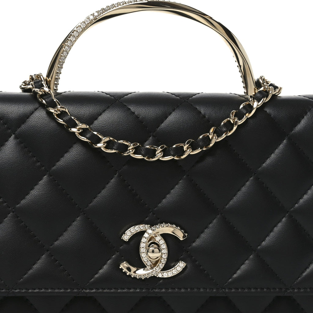 Lambskin Quilted Crystal Handle Wallet On Chain WOC Black