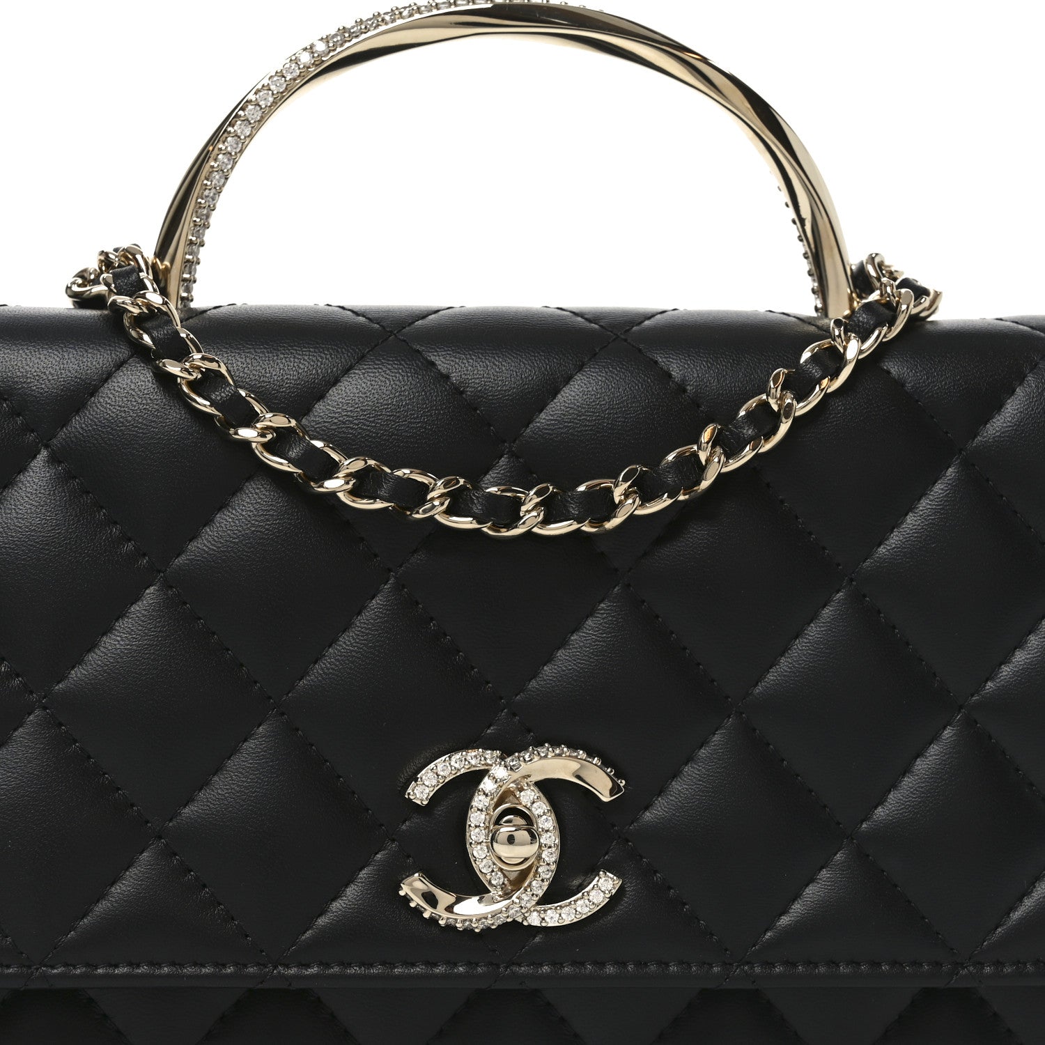 Lambskin Quilted Crystal Handle Wallet On Chain WOC Black