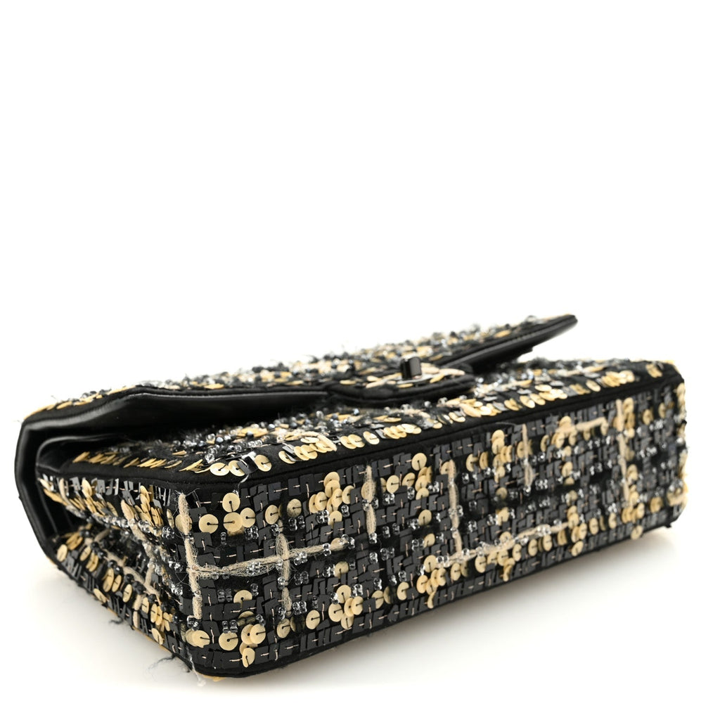 Satin Sequin Embroidered Medium Double Flap Black