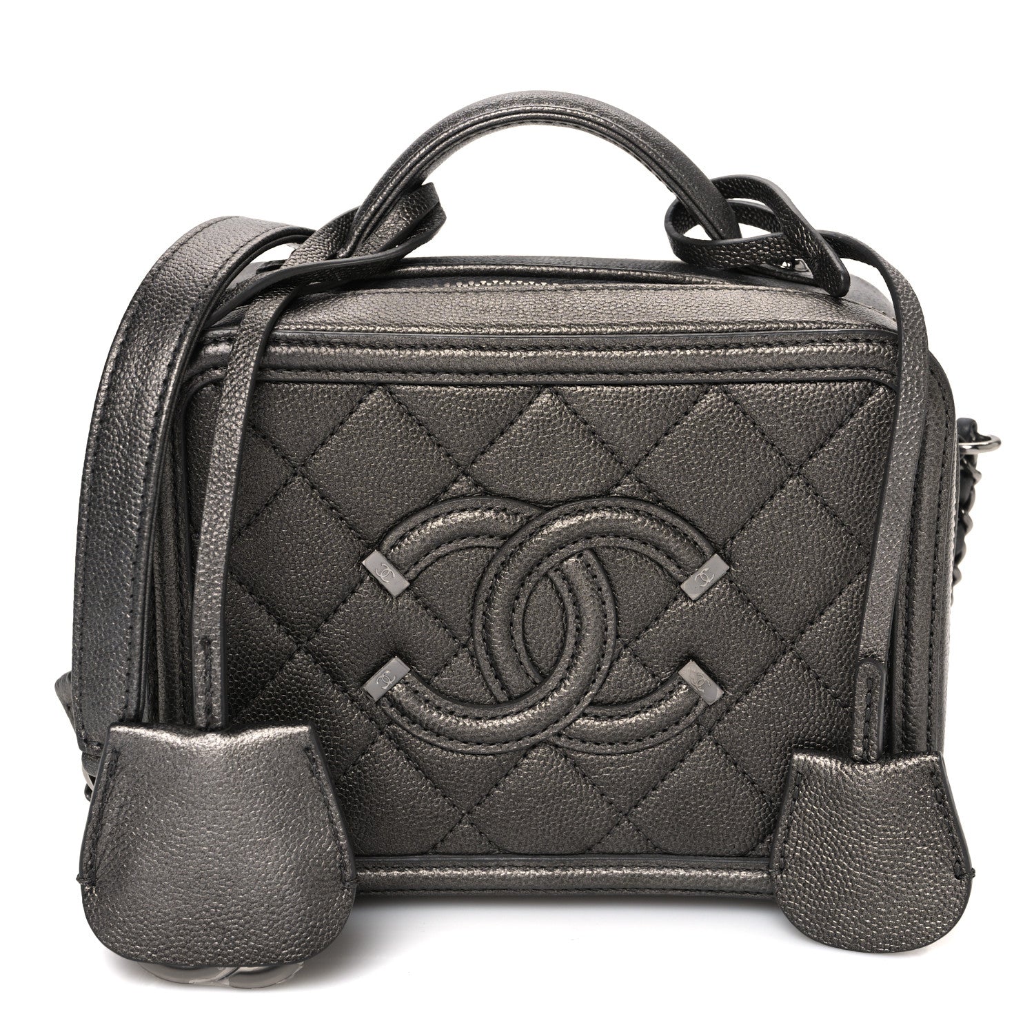 Metallic Caviar Quilted Small CC Filigree Vanity Case Dark Silver
