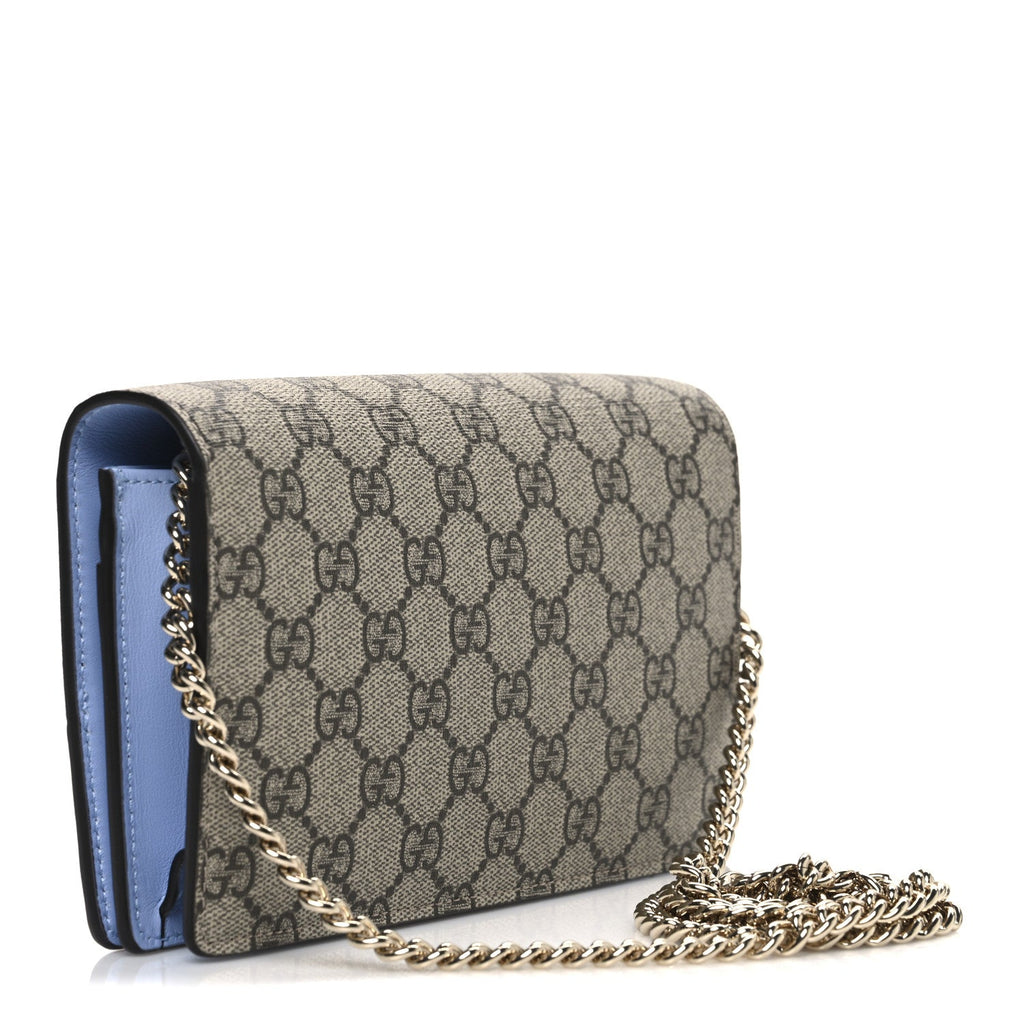 GG Supreme Monogram Textured Dollar Calfskin Mini GG Marmont Chain Wallet Light Pink Blue Beige