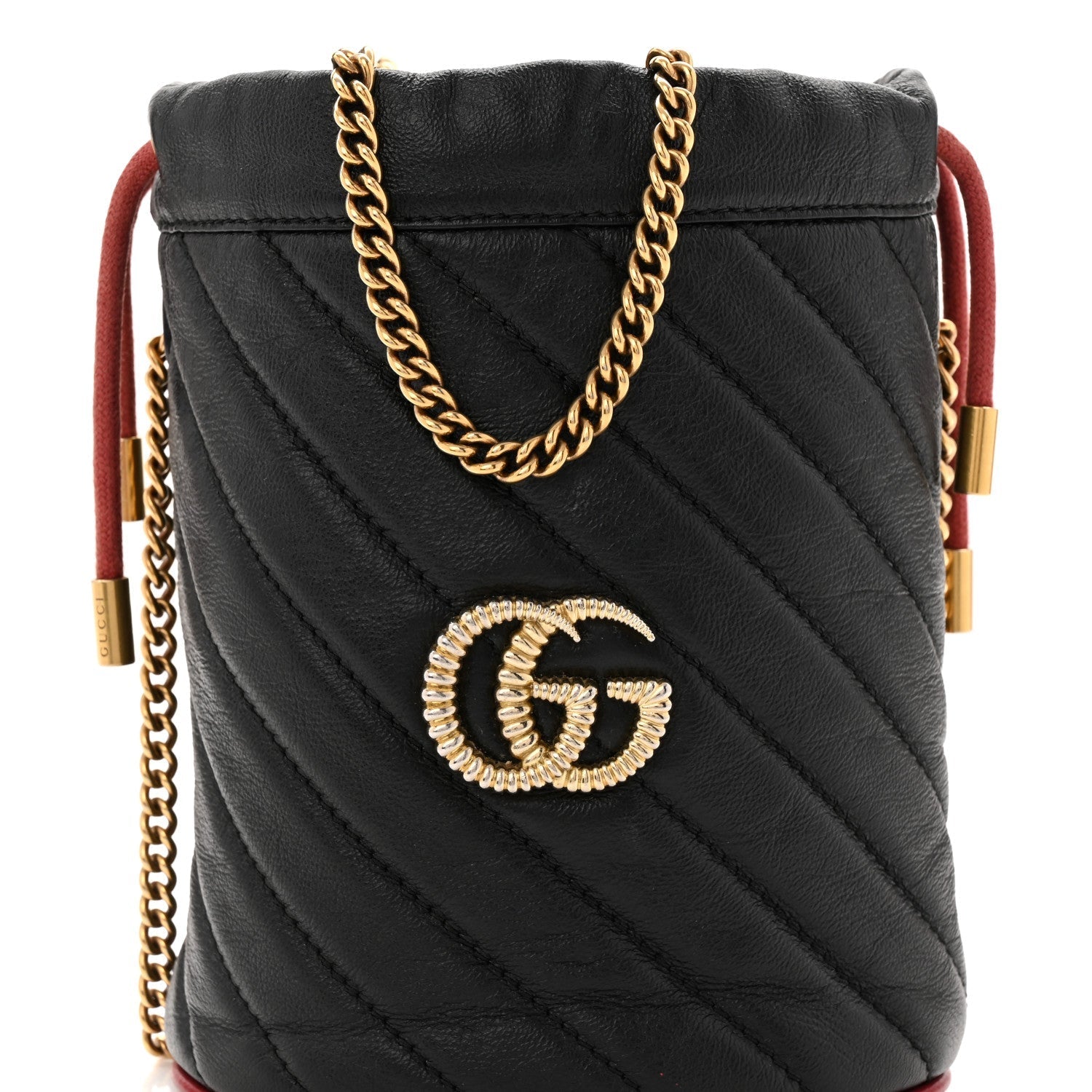 Vintage Effect Calfskin Matelasse Diagonal Mini Torchon GG Marmont 2.0 Bucket Bag Black Romantic Cherry