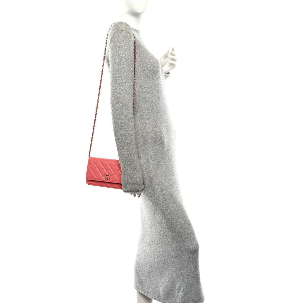 Lambskin Quilted Wallet On Chain WOC Pink