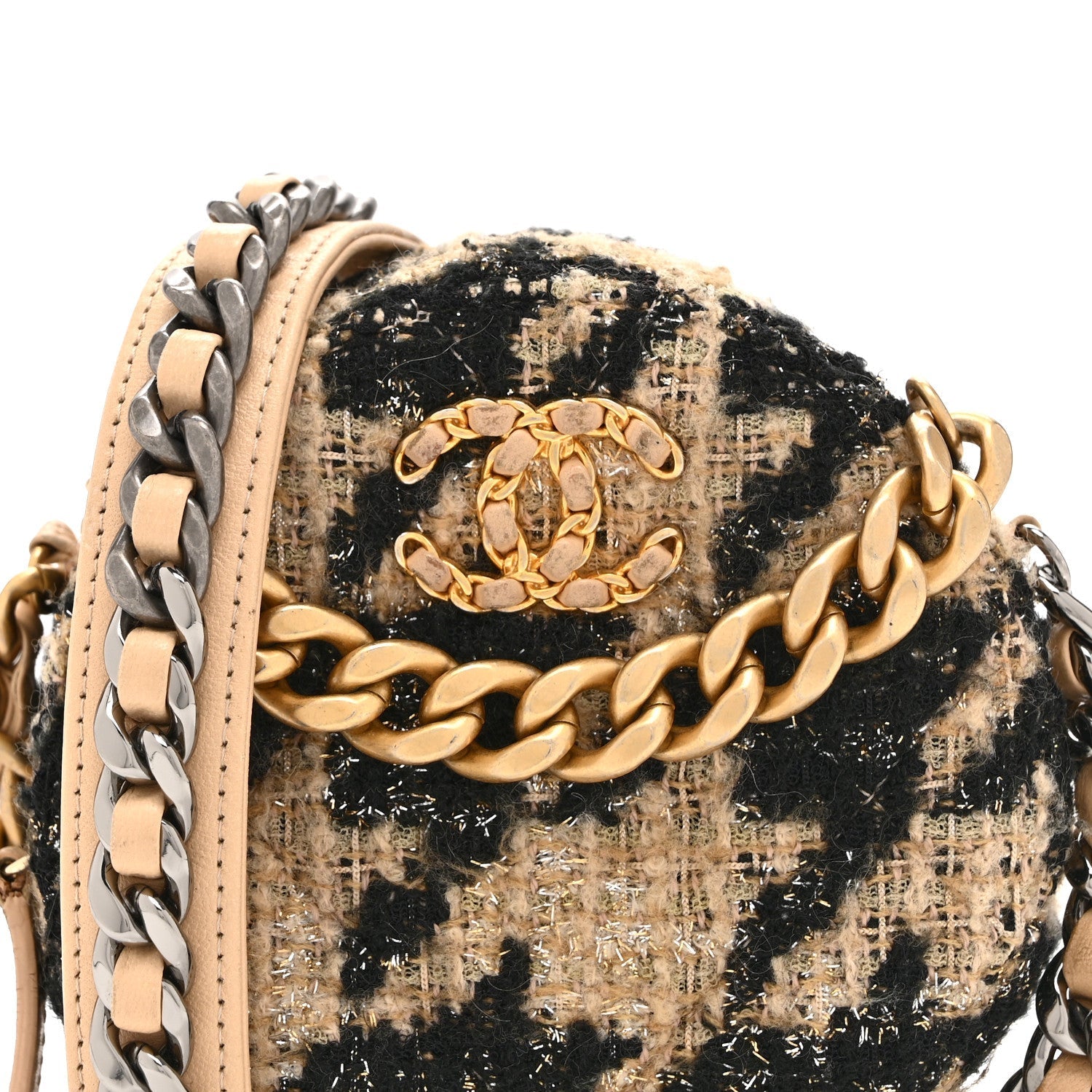 Wool Tweed Lambskin Quilted Chanel 19 Round Clutch With Chain and Coin Purse Beige Black