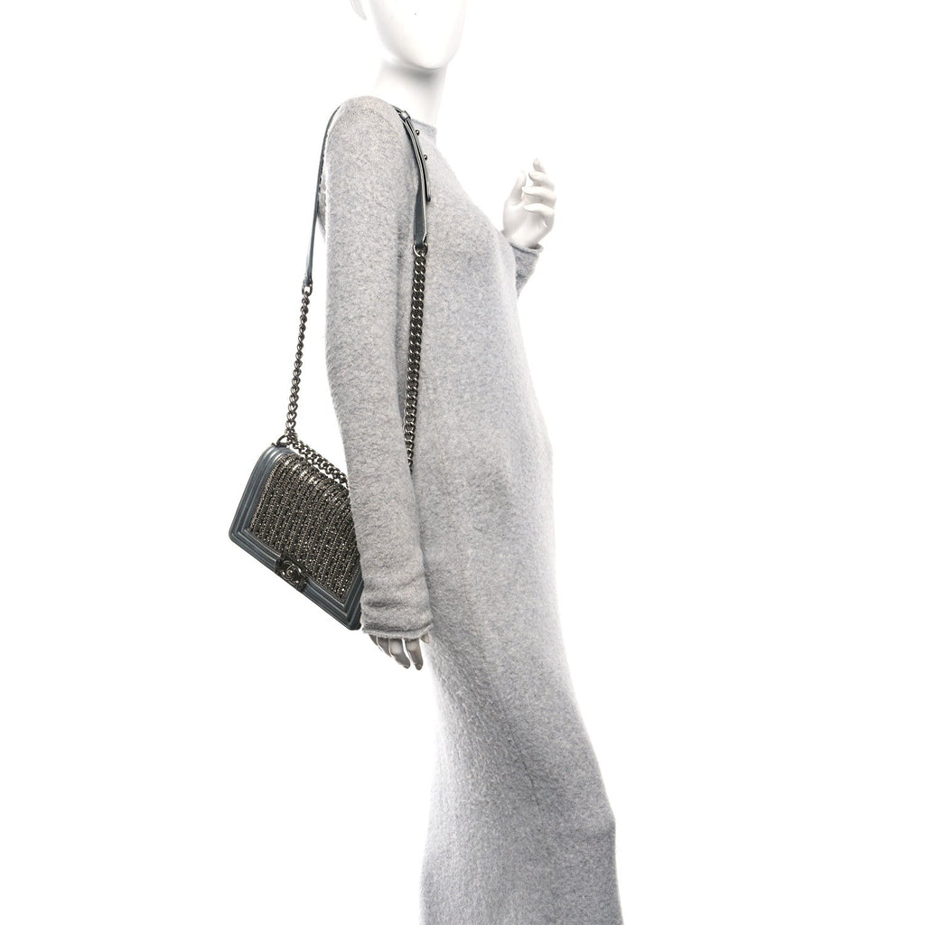Metallic Lambskin Glass Pearl Embroidered Medium Boy Flap  Silver