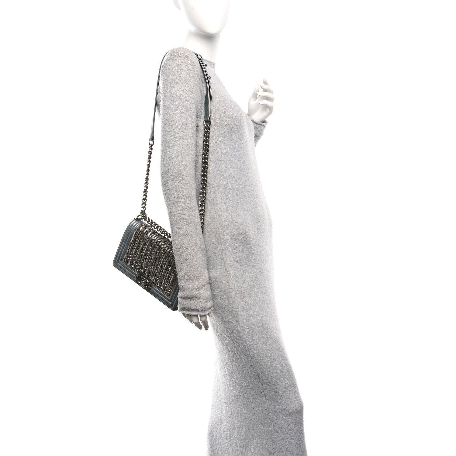 Metallic Lambskin Glass Pearl Embroidered Medium Boy Flap  Silver