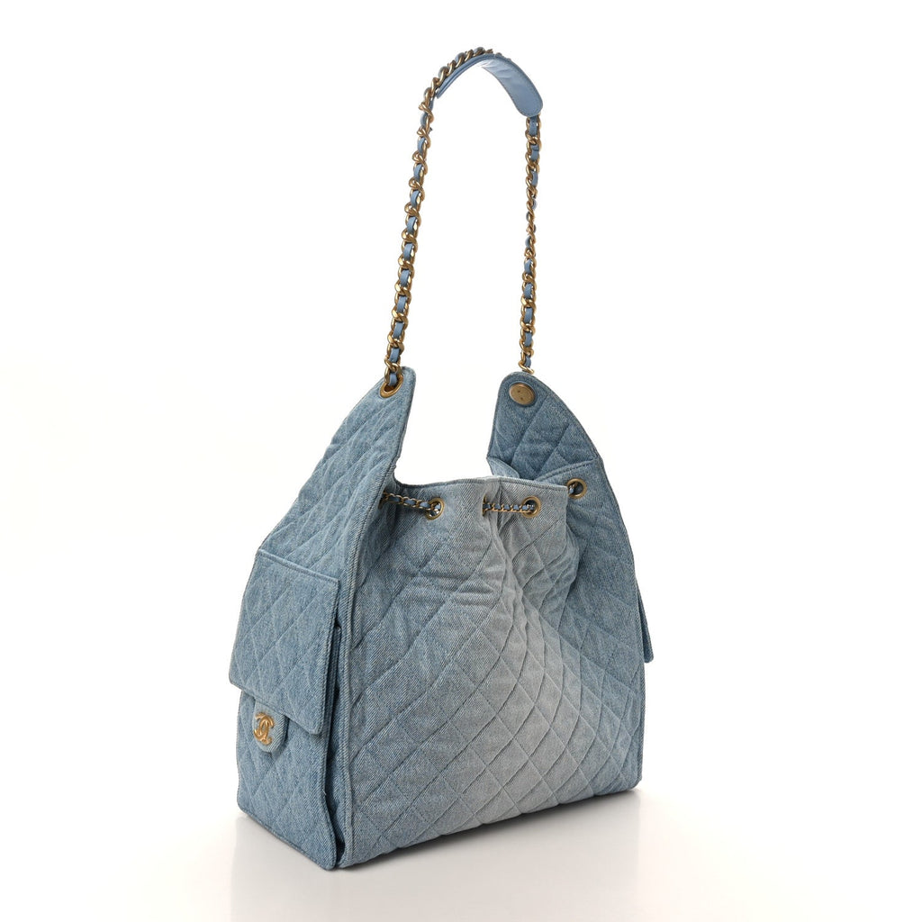 Washed Denim Quilted Medium Chanel 25 Handbag Blue