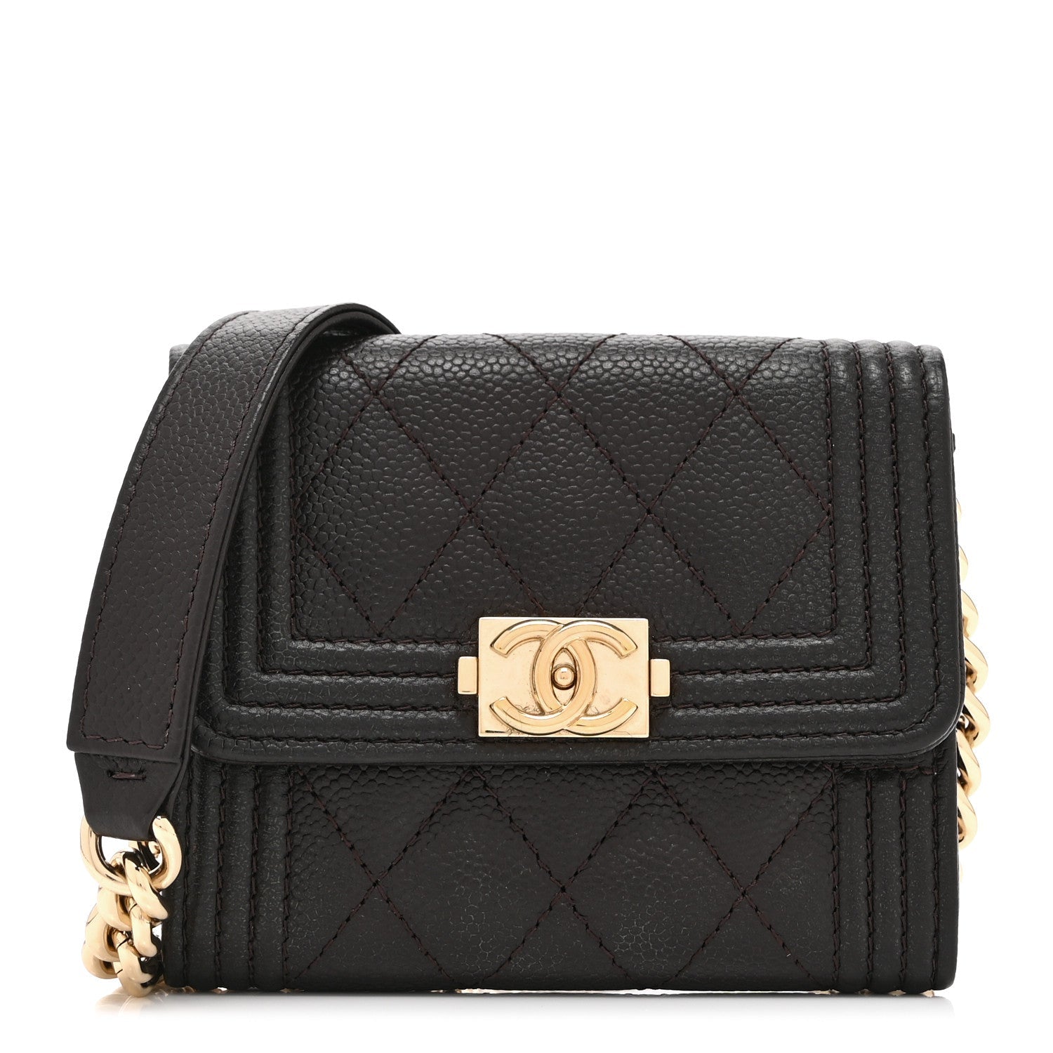 Caviar Quilted Boy Card Holder On Chain Black