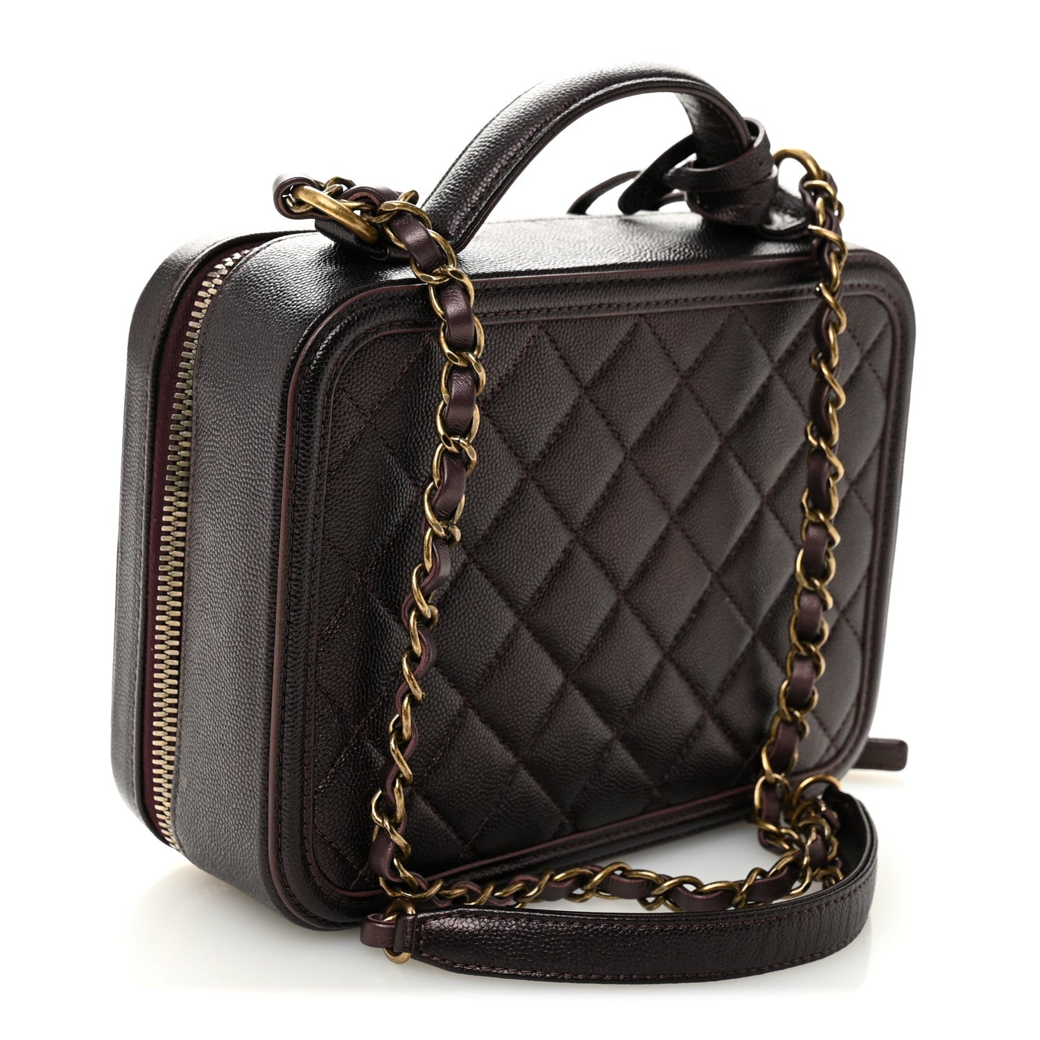 Iridescent Caviar Quilted Medium CC Filigree Vanity Case Burgundy