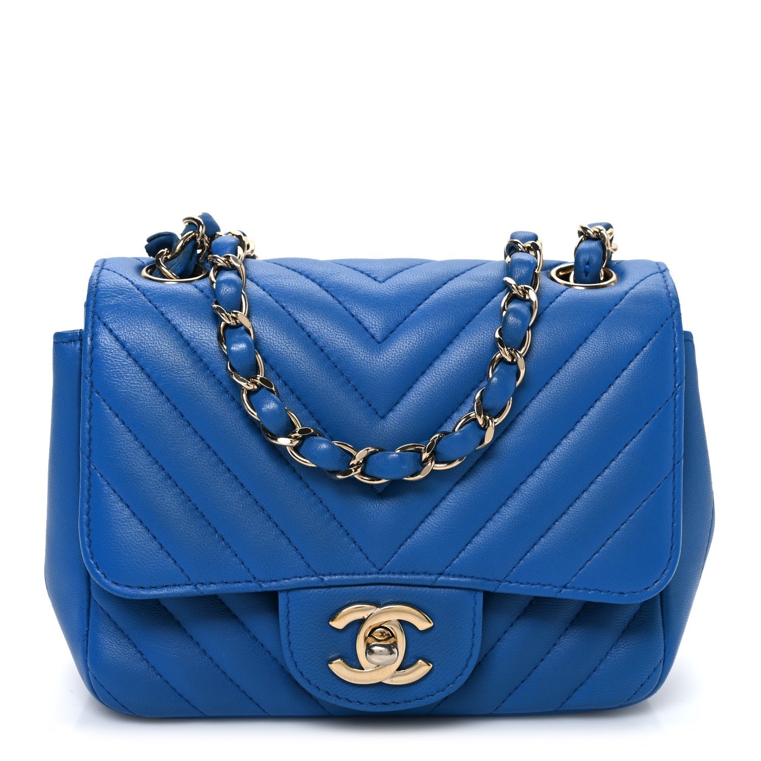 Lambskin Chevron Quilted Mini Square Flap Blue