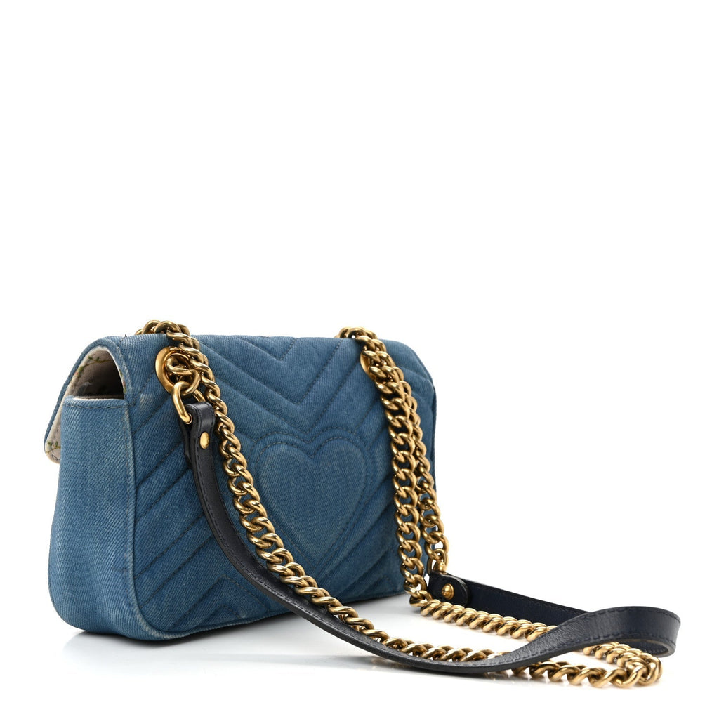 Denim Matelasse Mini Pearly GG Marmont Shoulder Bag Blue