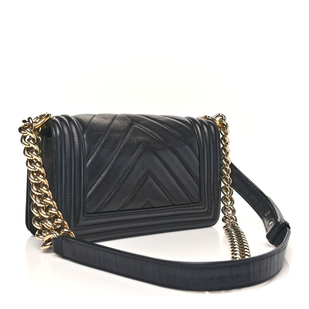 Calfskin Chevron Quilted Small Boy Flap Black