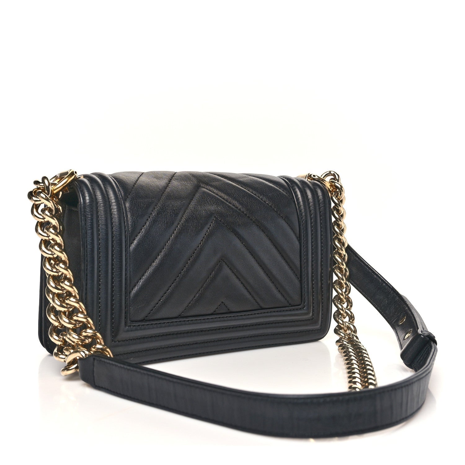 Calfskin Chevron Quilted Small Boy Flap Black