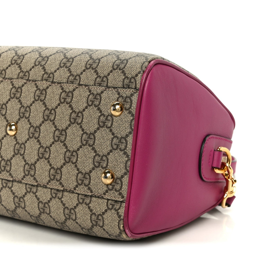 GG Supreme Monogram Moon Calfskin Small Boston Beige Ebony Hibiscus Red New Rosette
