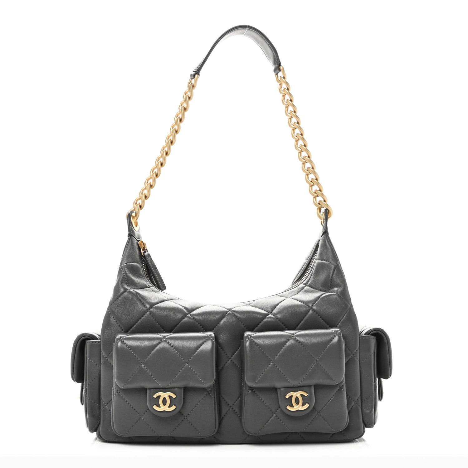 Shiny Lambskin Quilted Large Trendy Pockets Hobo Grey