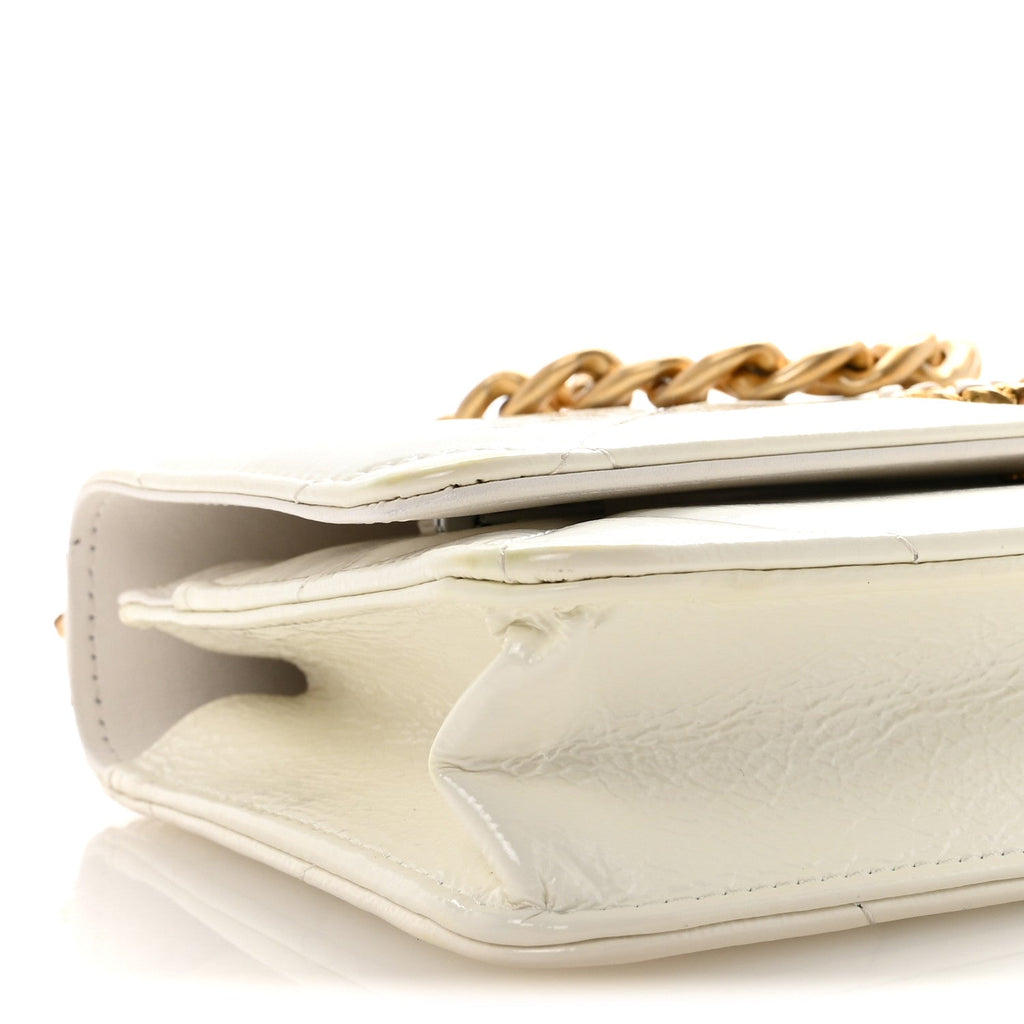 Shiny Crumpled Calfskin Quilted Chanel 19 Wallet On Chain WOC White