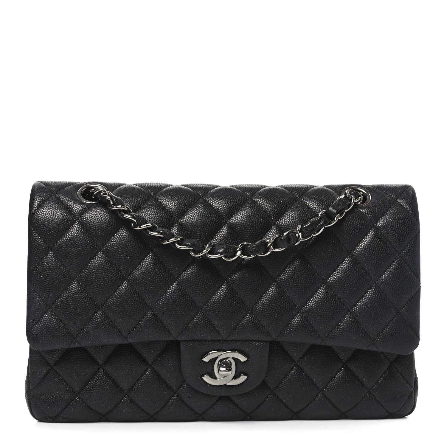 Iridescent Caviar Quilted Medium Double Flap Black