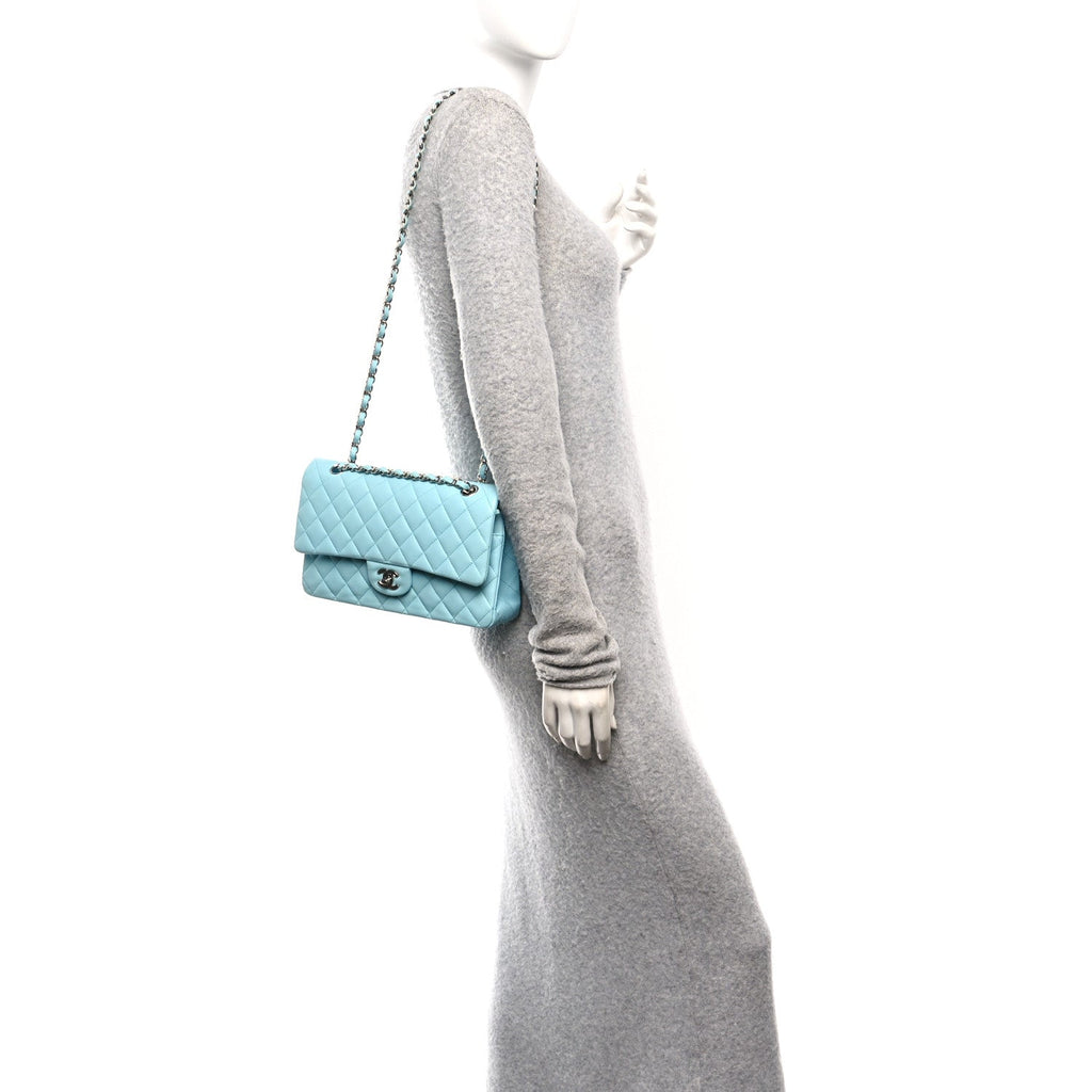 Lambskin Quilted Medium Double Flap Light Blue