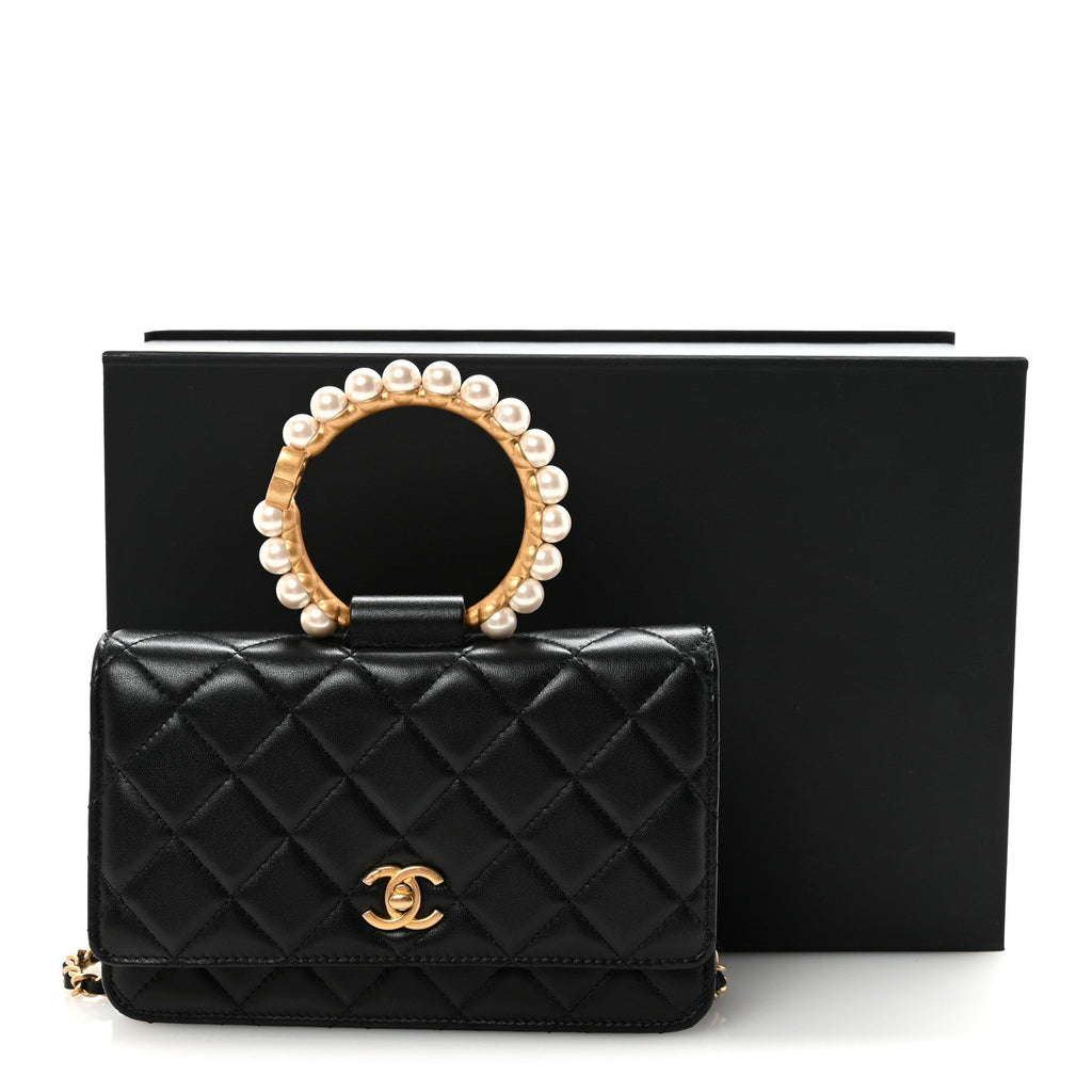 Lambskin Quilted Pearl Crown Wallet On Chain WOC Black