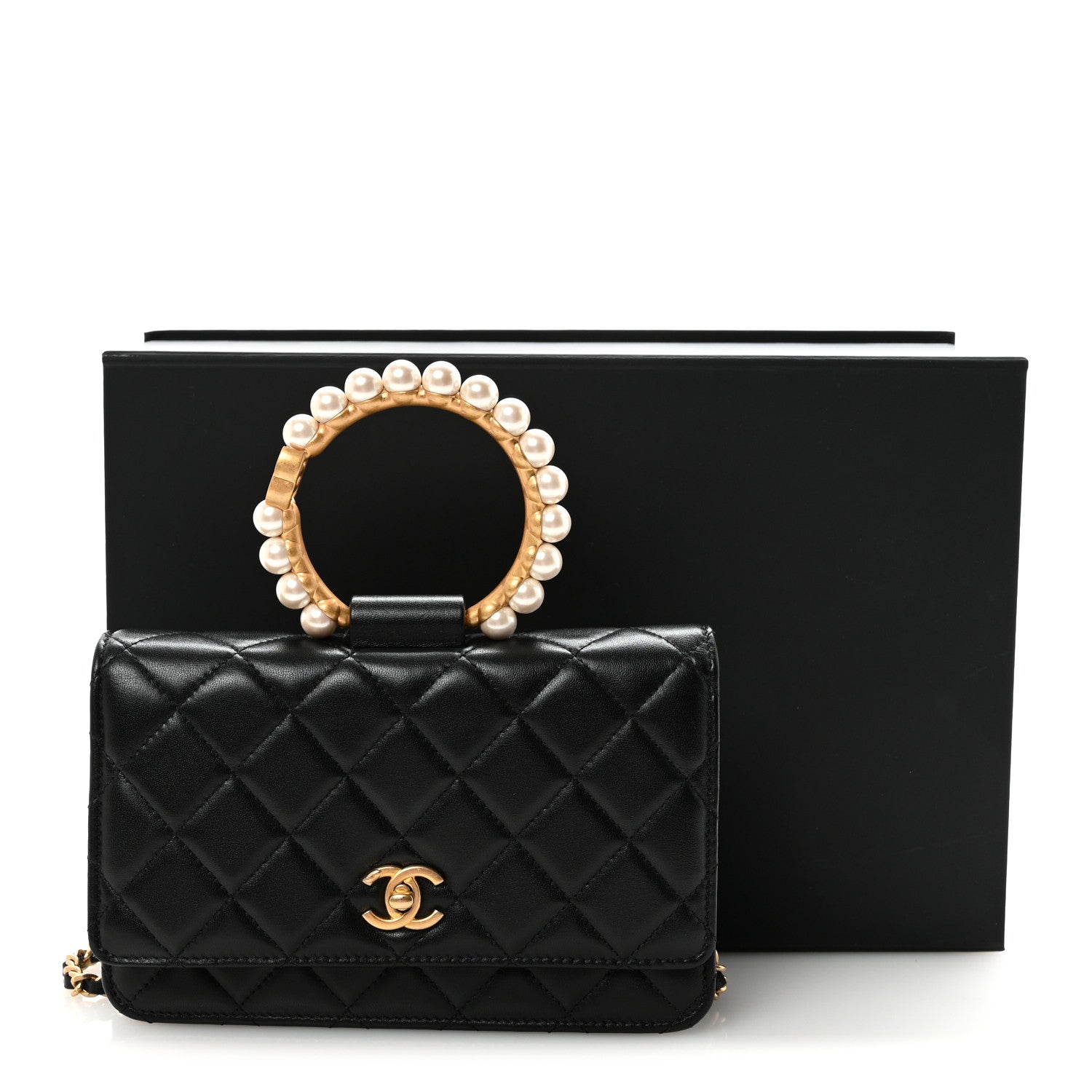 Lambskin Quilted Pearl Crown Wallet On Chain WOC Black