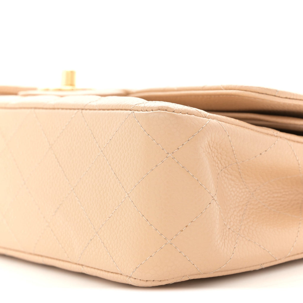 Caviar Quilted Medium Double Flap Beige