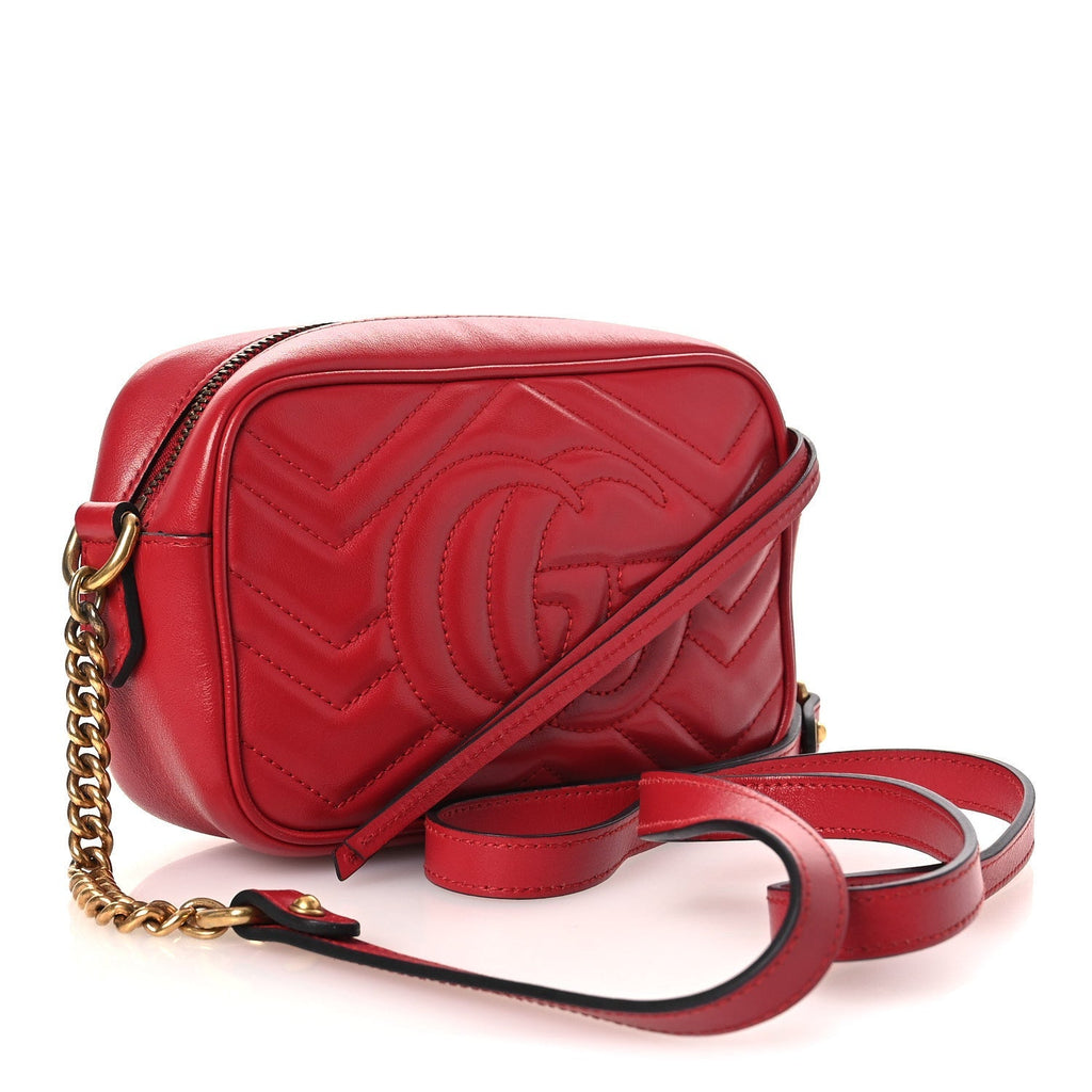Calfskin Matelasse Mini GG Marmont Chain Shoulder Bag Hibiscus Red