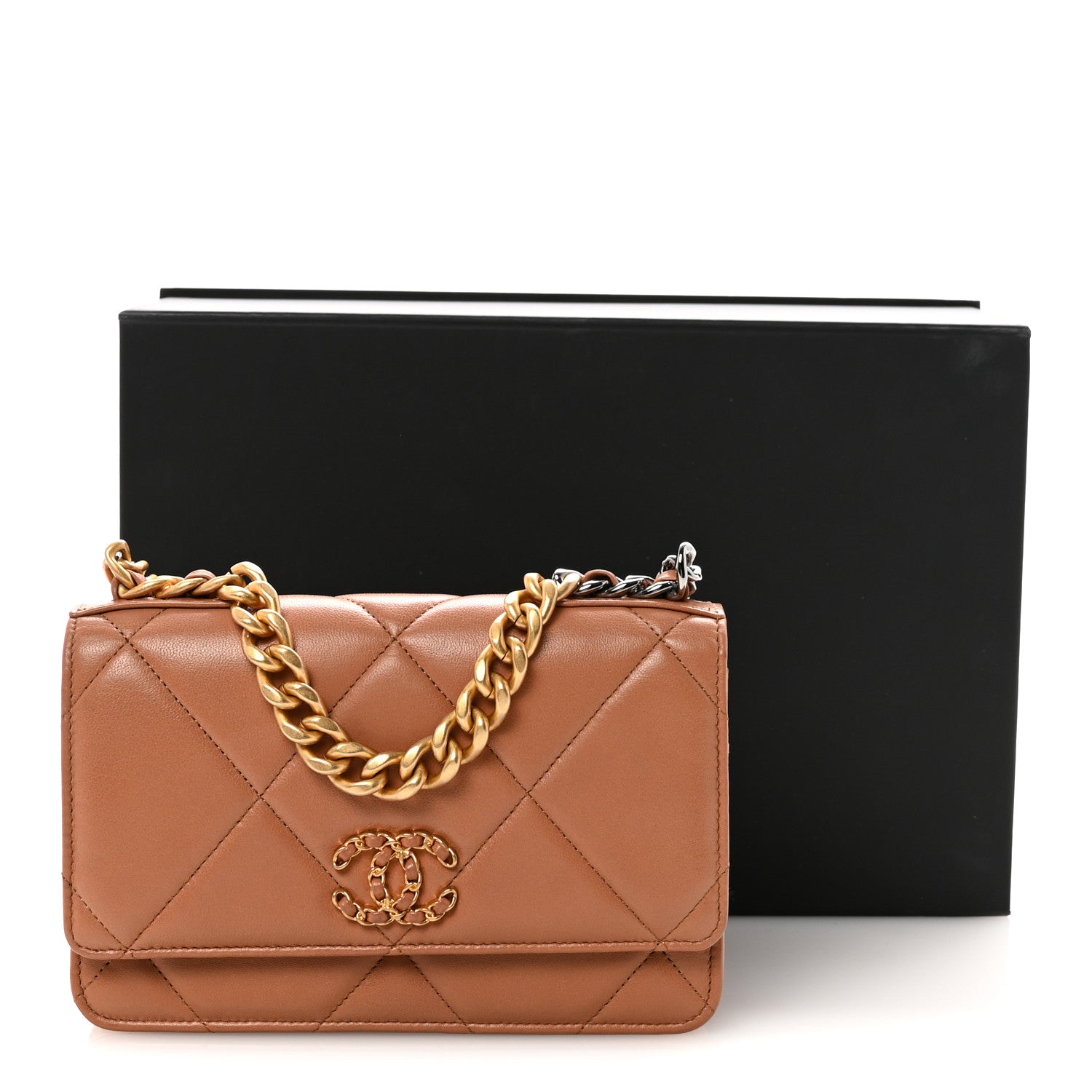 Lambskin Quilted Chanel 19 Wallet On Chain WOC Brown