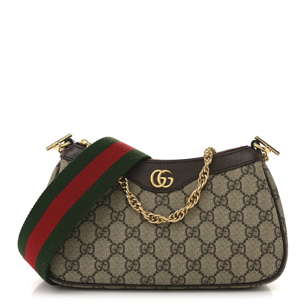 GG Supreme Monogram Textured Dollar Calfskin Web Small Ophidia GG Handbag Beige Ebony New Acero