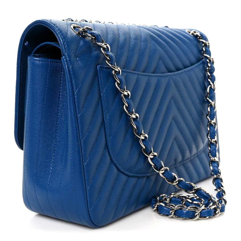 Caviar Chevron Quilted Jumbo Double Flap Blue