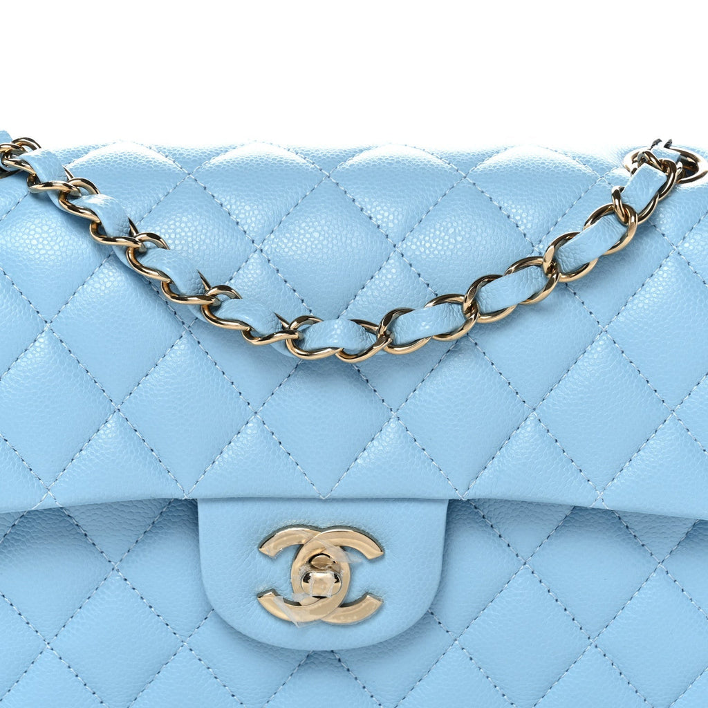 Caviar Quilted Small Double Flap Light Blue