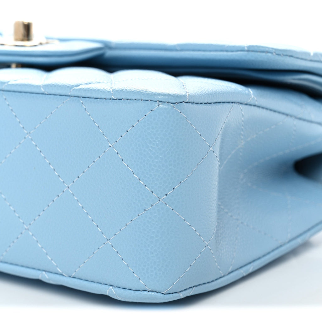 Caviar Quilted Small Double Flap Light Blue