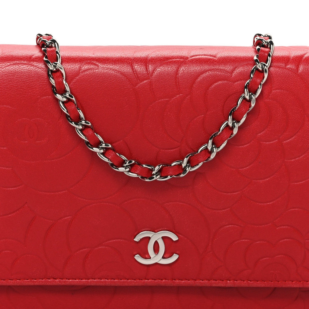 Lambskin Camellia Embossed Wallet on Chain WOC Red