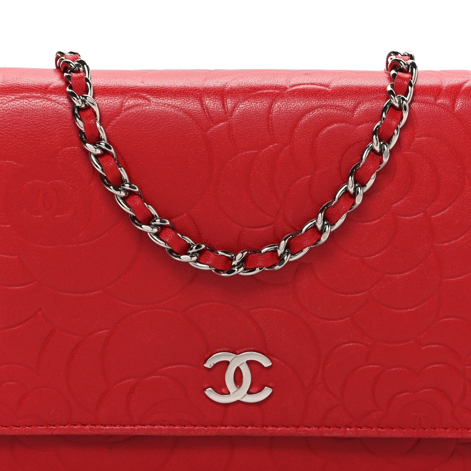 Lambskin Camellia Embossed Wallet on Chain WOC Red