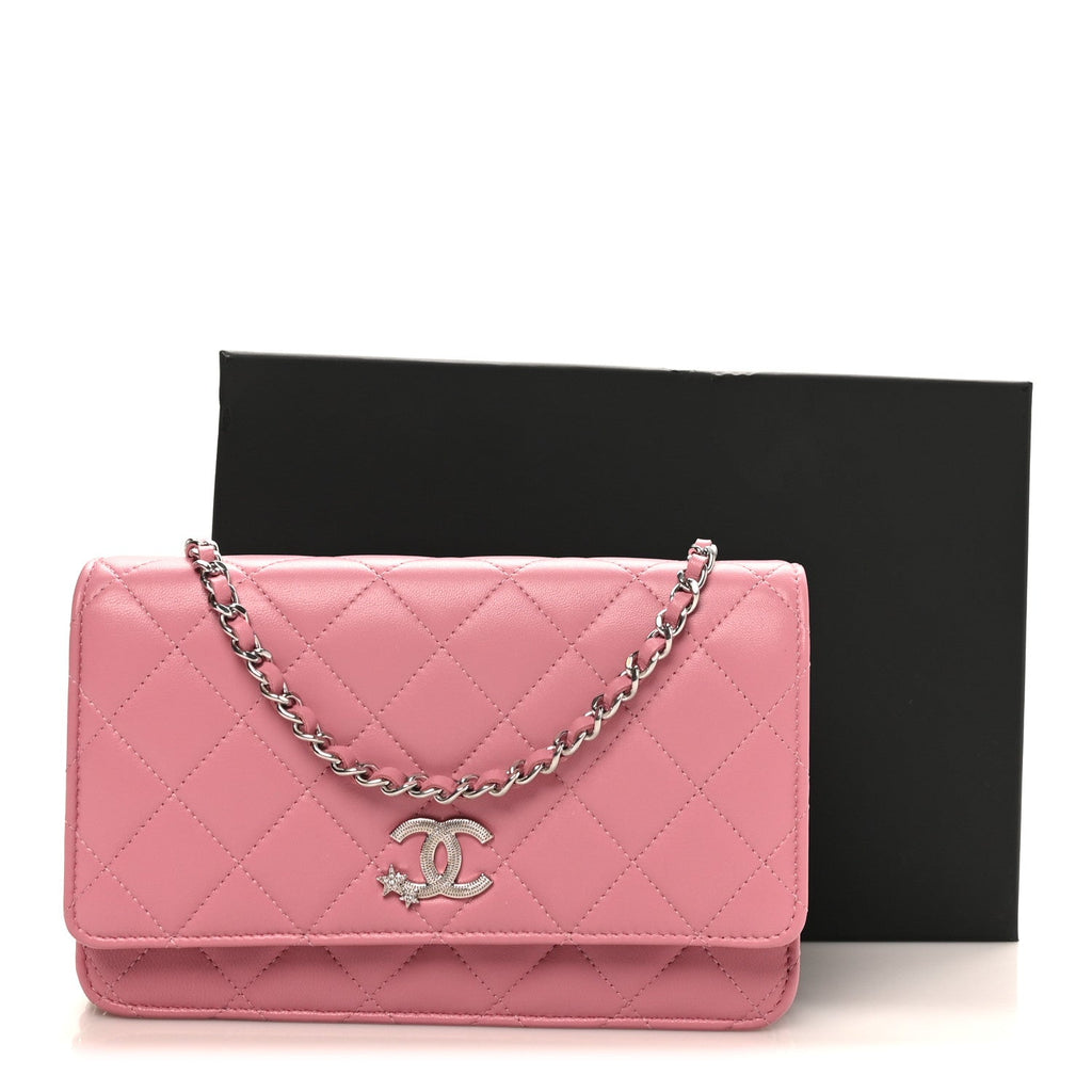 Lambskin Quilted Crystal Star Wallet On Chain WOC Pink