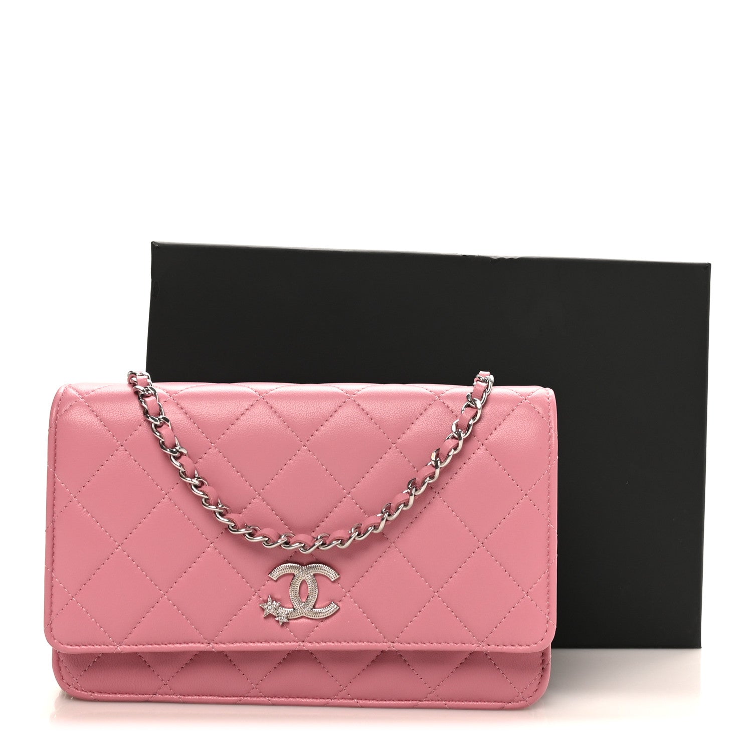 Lambskin Quilted Crystal Star Wallet On Chain WOC Pink
