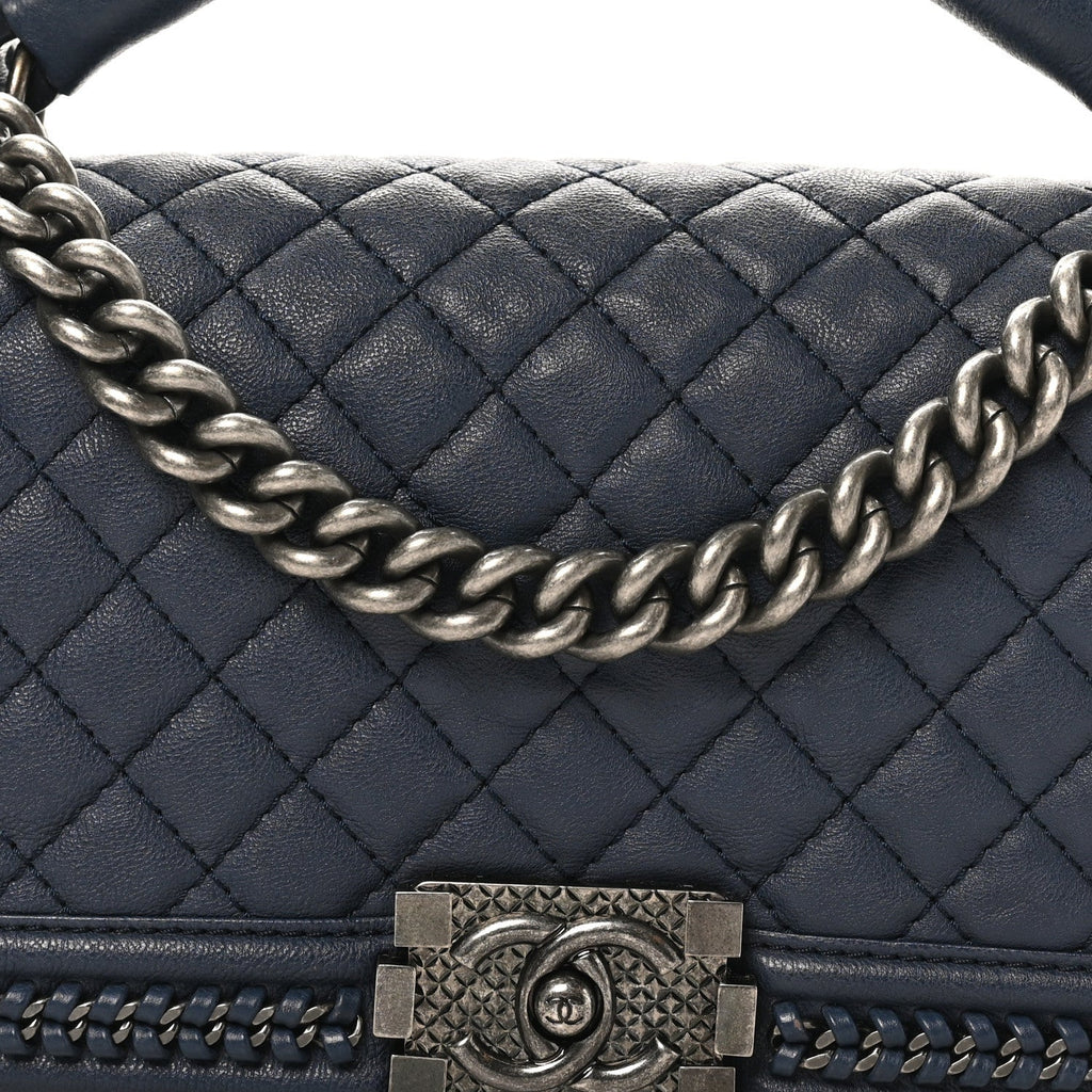 Calfskin Quilted Medium Top Handle Boy Flap Blue