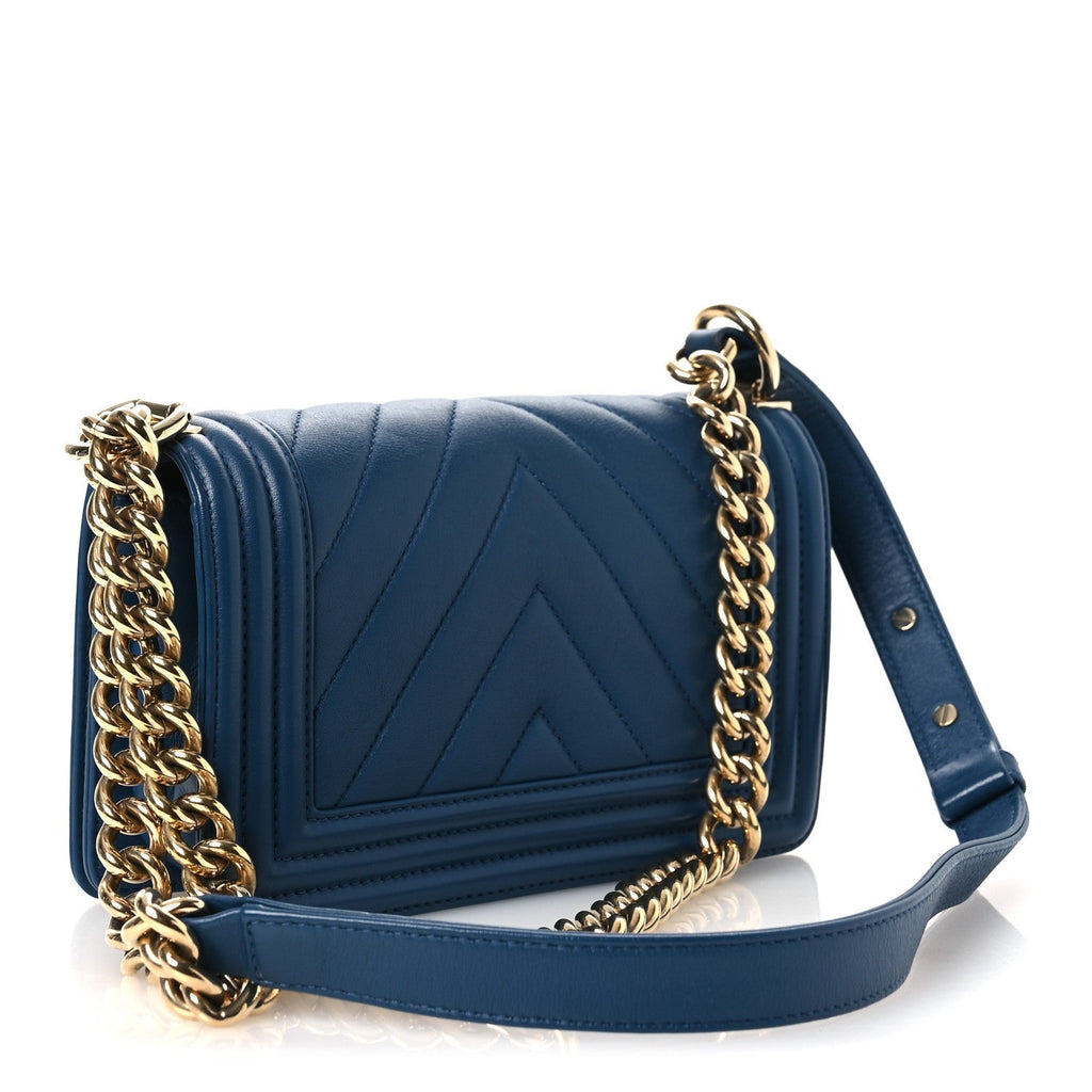 Calfskin Chevron Quilted Small Boy Flap Blue