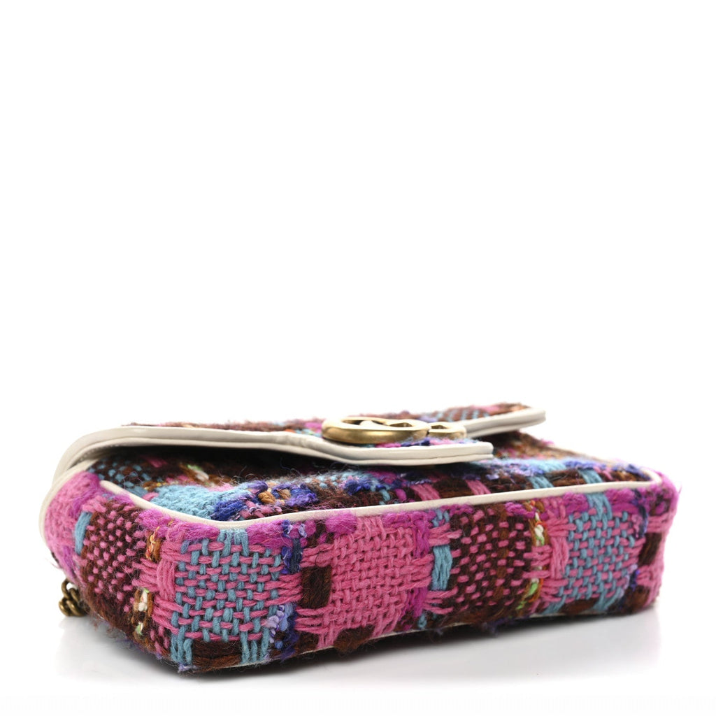 Tweed Calfskin Spicy Check Super Mini GG Marmont Shoulder Bag Pink Multicolor Mystic White