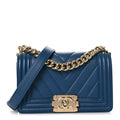 Calfskin Chevron Quilted Small Boy Flap Blue