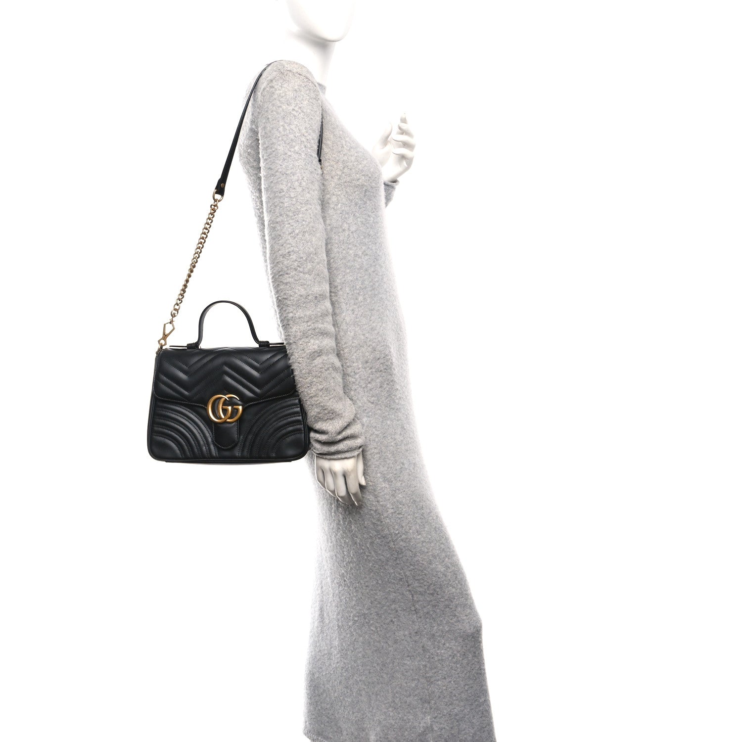 Calfskin Matelasse Small GG Marmont Top Handle Shoulder Bag Black
