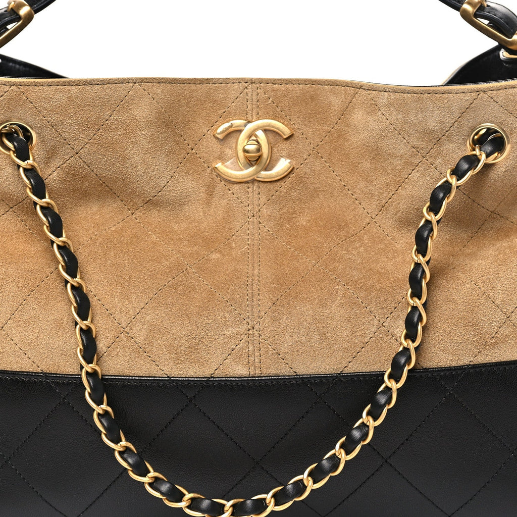 Suede Calfskin Shiny Lambskin Quilted Small Coco Base Shopping Bag Beige Black