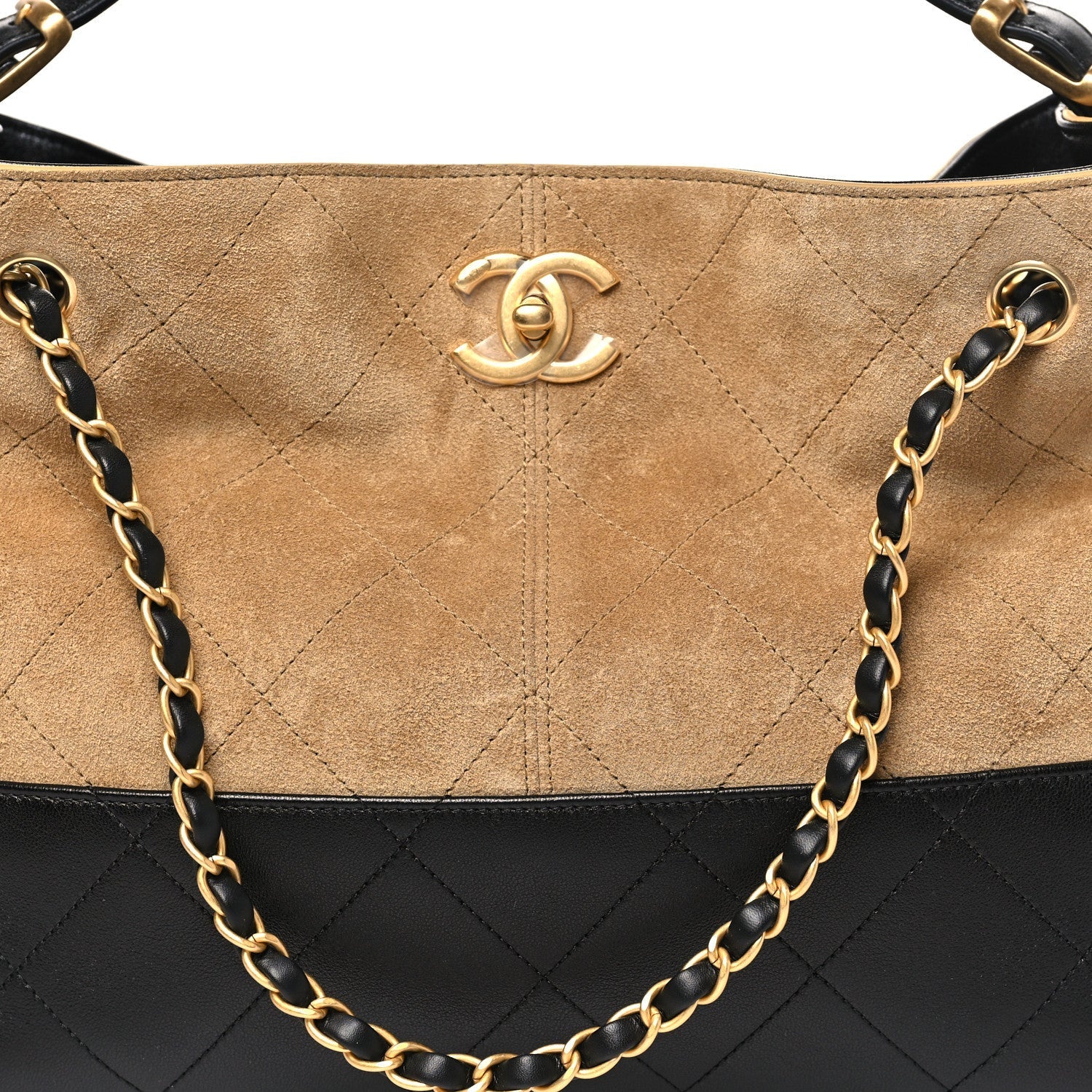 Suede Calfskin Shiny Lambskin Quilted Small Coco Base Shopping Bag Beige Black
