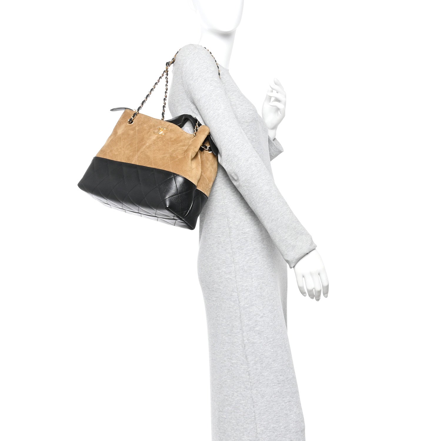 Suede Calfskin Shiny Lambskin Quilted Small Coco Base Shopping Bag Beige Black