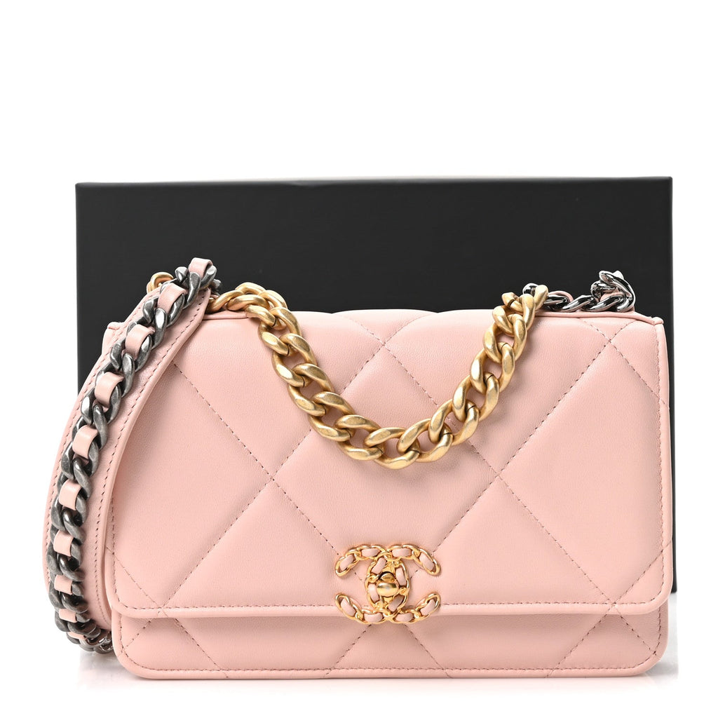 Lambskin Quilted Chanel 19 Wallet On Chain WOC Light Pink
