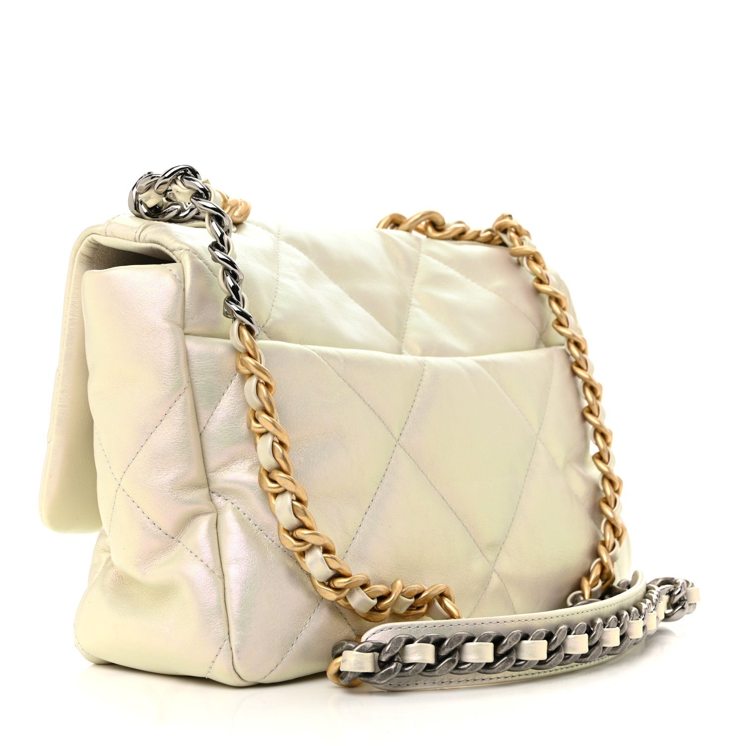Iridescent Calfskin Quilted Large Chanel 19 Flap White