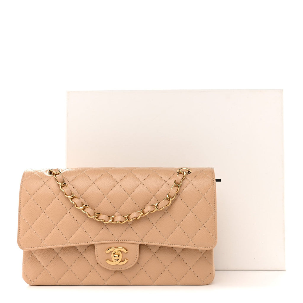 Caviar Quilted Medium Double Flap Beige