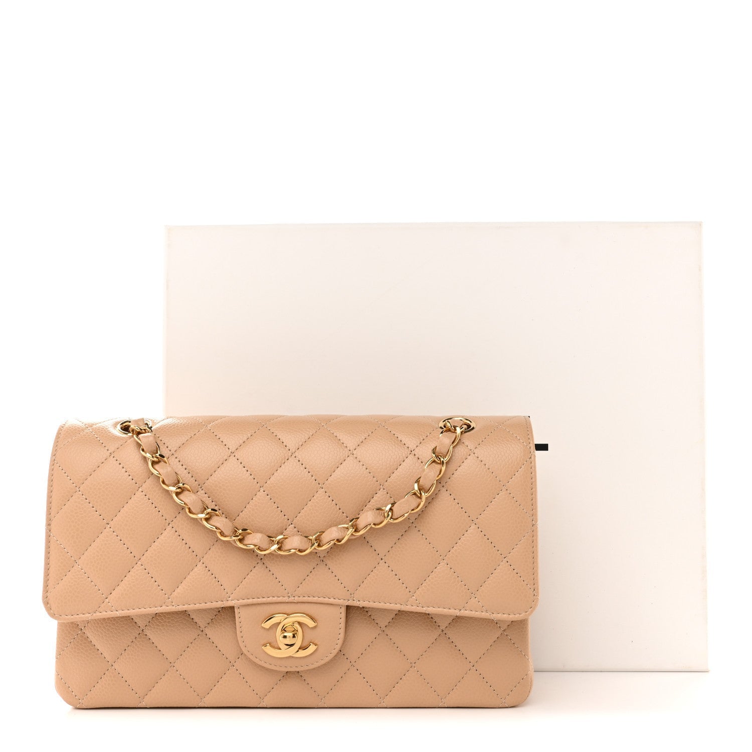 Caviar Quilted Medium Double Flap Beige