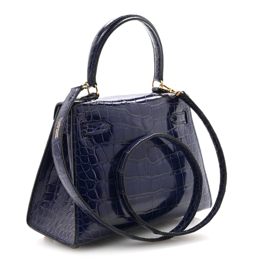 Shiny Alligator Mini Kelly Sellier 20 Bleu Roi